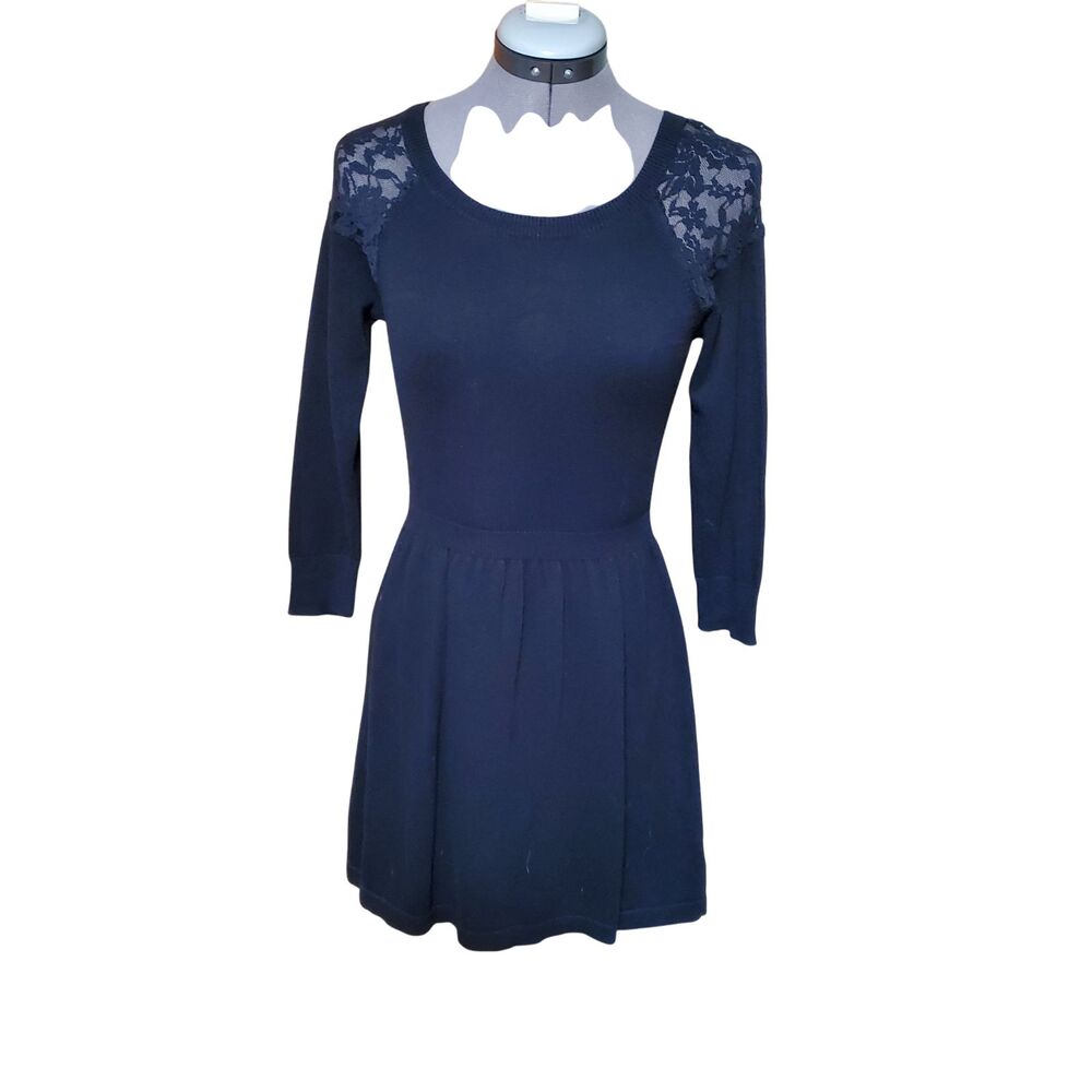 American Eagle Outfitters Knit Mini Sweater Dress Size S Black Floral Lace